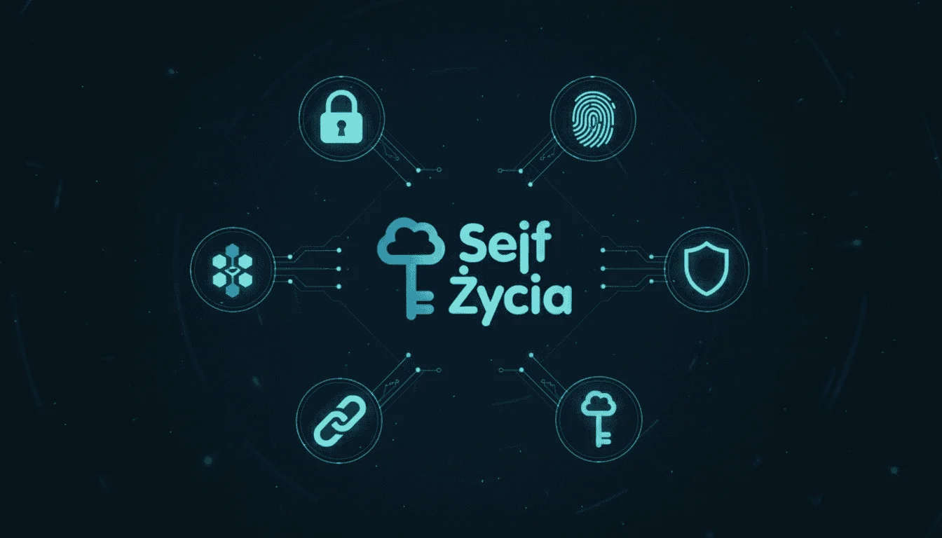 Logo Sejfu Życia otoczone ikonami bezpieczeństwa: zamek, odcisk palca, blockchain i tarcza - grafika na ciemnogranatowym tle.