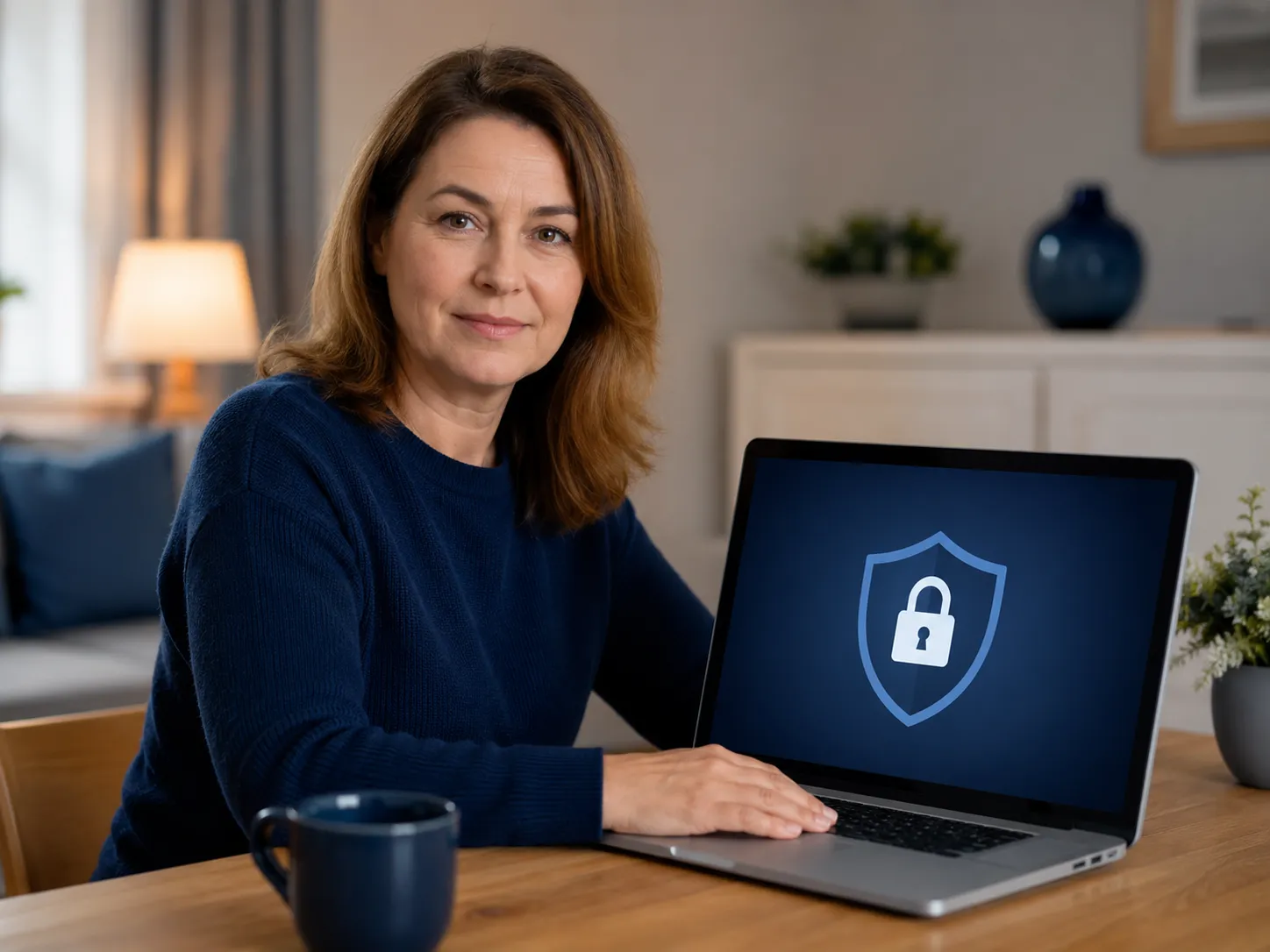 Kobieta przy laptopie z ekranem pokazującym ikonę tarczy z zamkiem – symbol bezpieczeństwa cyfrowego w domowej przestrzeni.