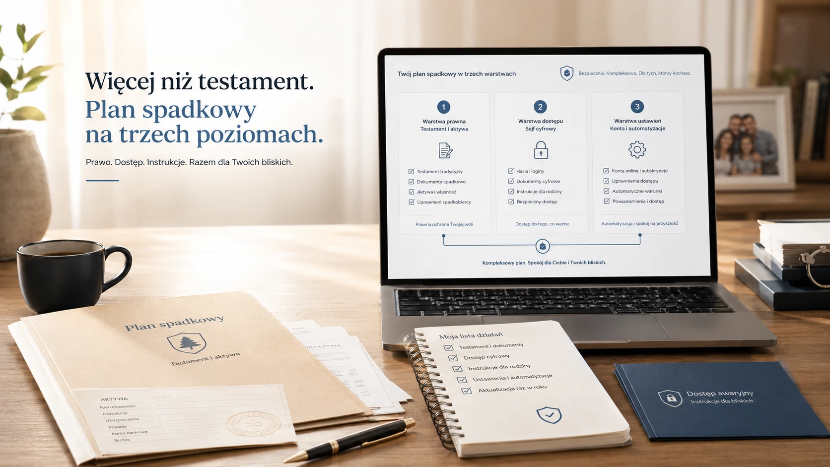 Testament cyfrowy vs tradycyjny - dokument testamentowy z piórem obok laptopa z cyfrowym sejfem, porównanie dwóch form planowania spadkowego.